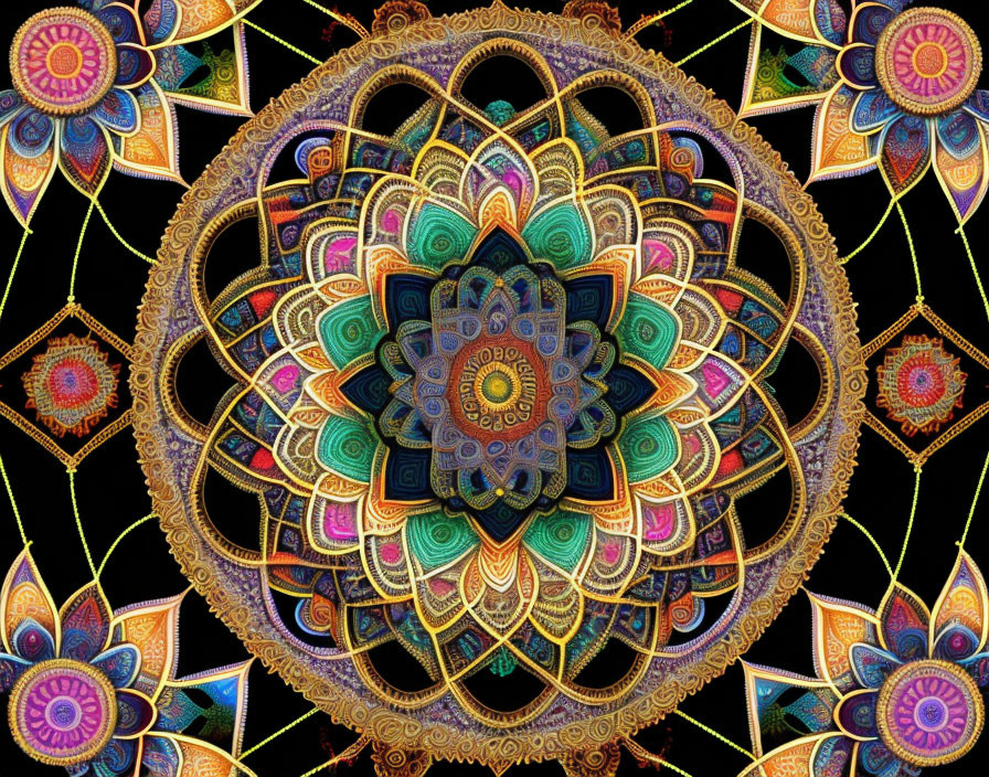 Colorful Symmetrical Mandala with Floral Motifs on Dark Background