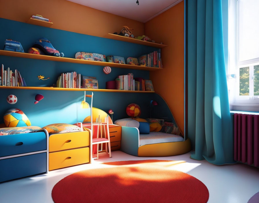 Cozy children's bedroom with built-in shelves, sunny window, and red circular rug