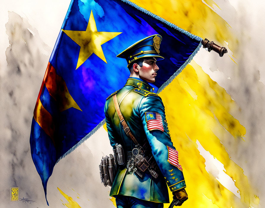 Colorful illustration: Ceremonial military officer with blue and gold flag