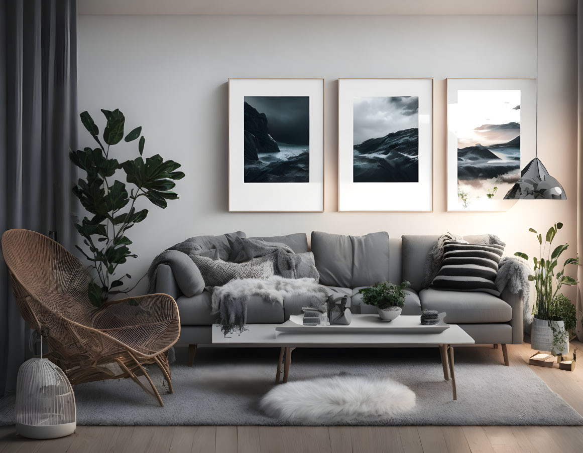 Modern living room with gray sofa, wooden armchair, and plant-adorned coffee table. Three