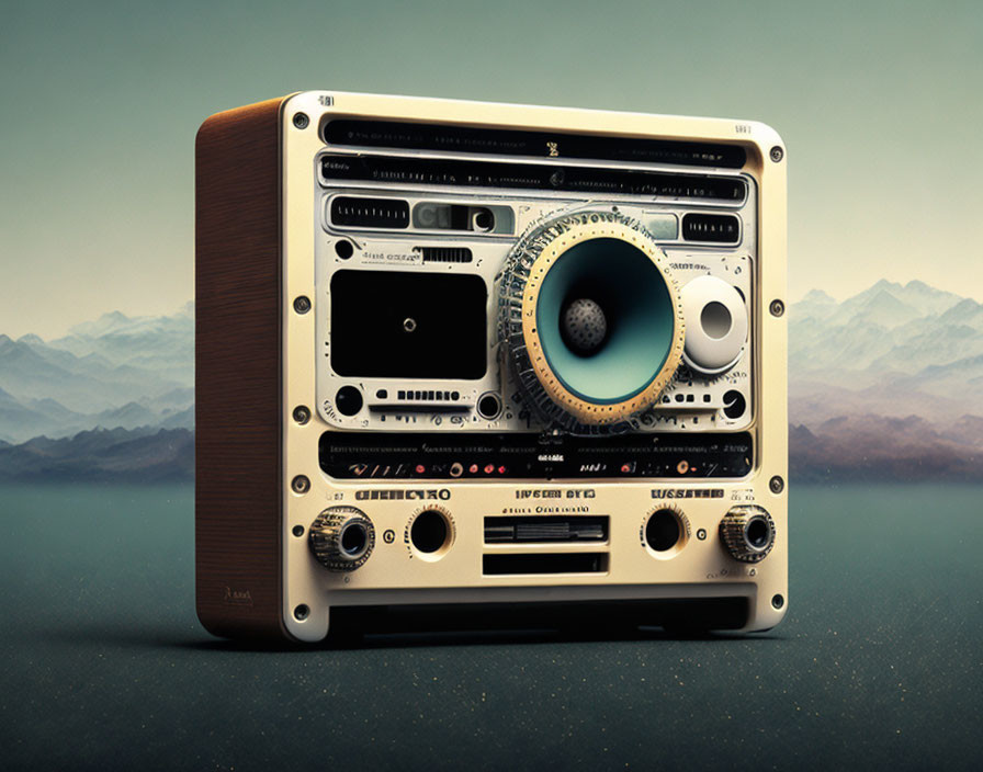 Vintage Stereo System with Cassette Player, Dials, and Speaker amidst Misty Mountains