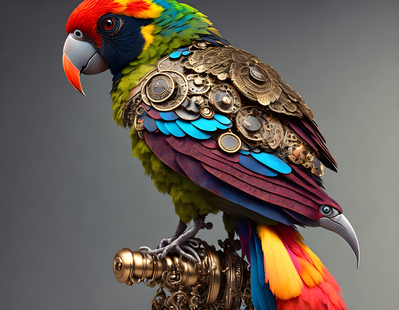 Colorful Parrot Artwork with Steampunk Gears and Cogs