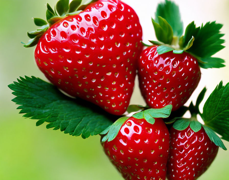 Vibrant ripe strawberries with green leaves on blurred green backdrop