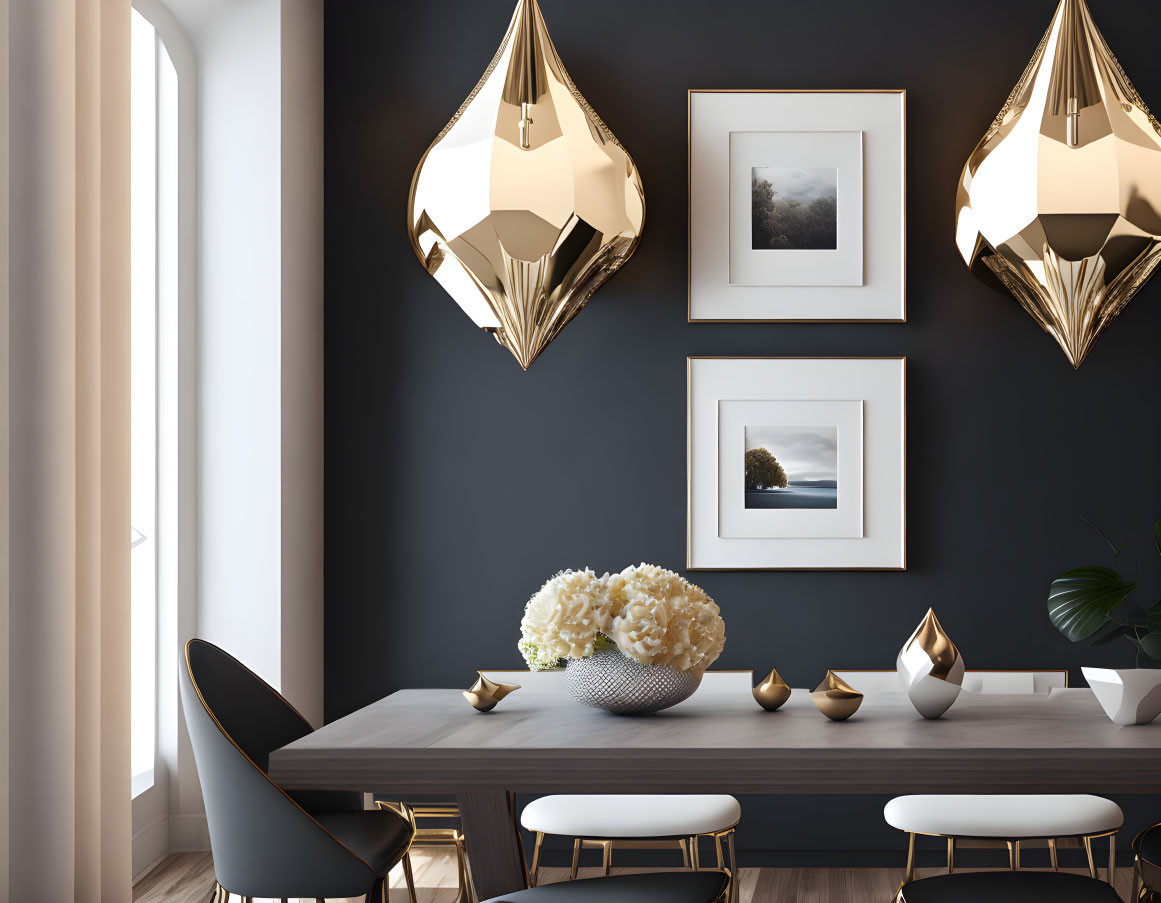 Modern Dining Room with Dark Wall, Wooden Table, White Chairs, Pendant Lights, and Artwork