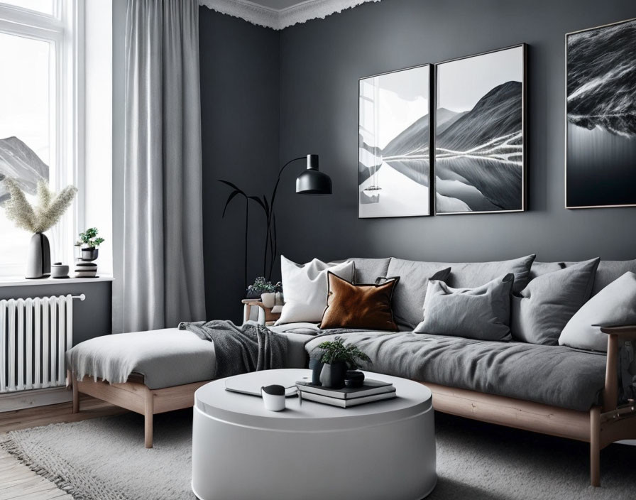 Monochrome Living Room with Gray Sofa & Black White Art