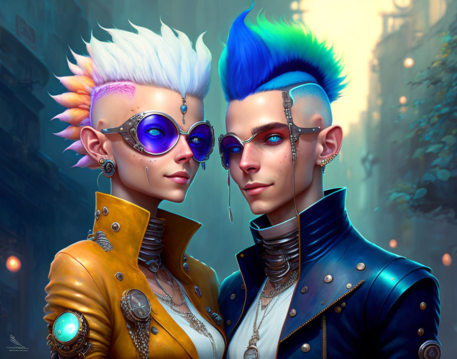 Vibrant Mohawk Characters in Futuristic Attire Against Urban Dystopian Background