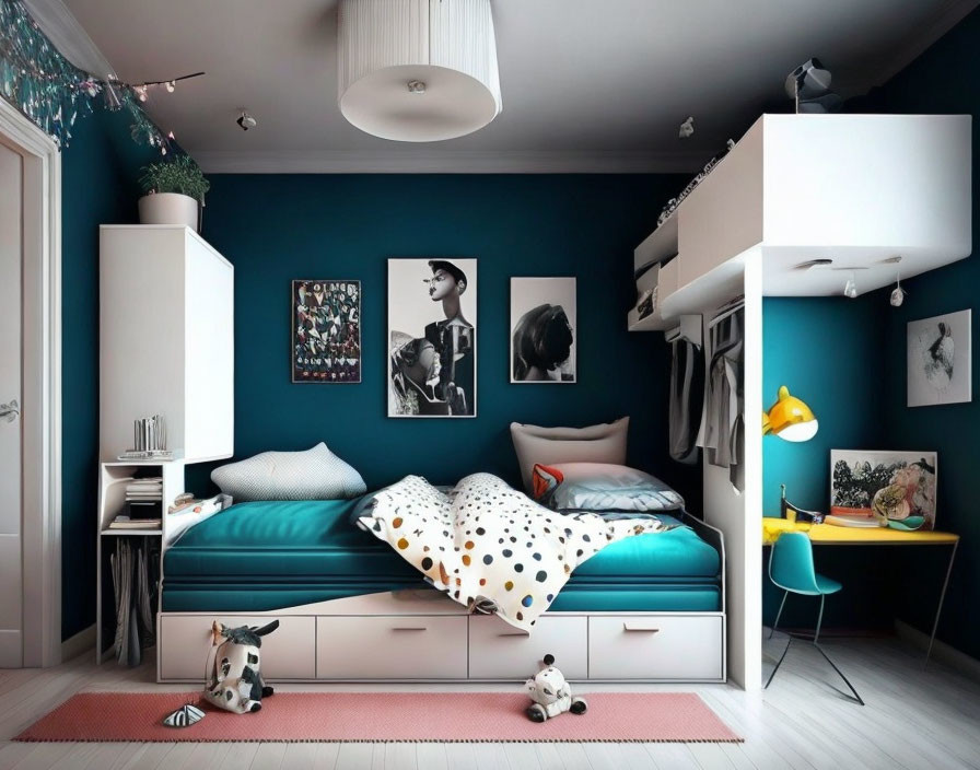 Blue-themed stylish bedroom with bed drawers, white cabinetry, study area, yellow lamp, wall art