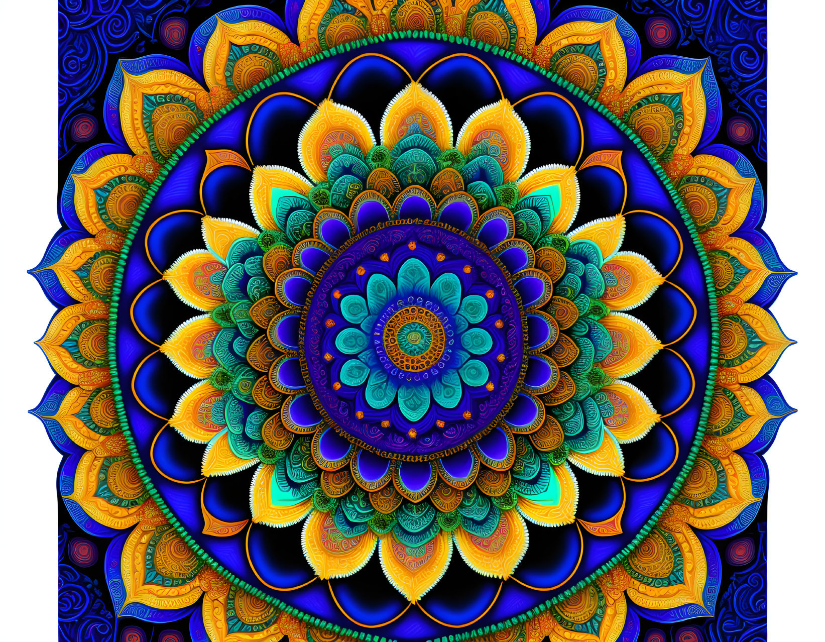 Colorful Digital Mandala with Blues, Oranges, and Yellows