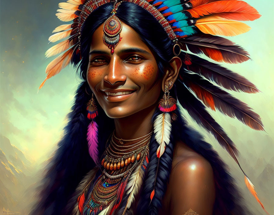 Vibrant digital artwork of a person with dark hair and feather headdress