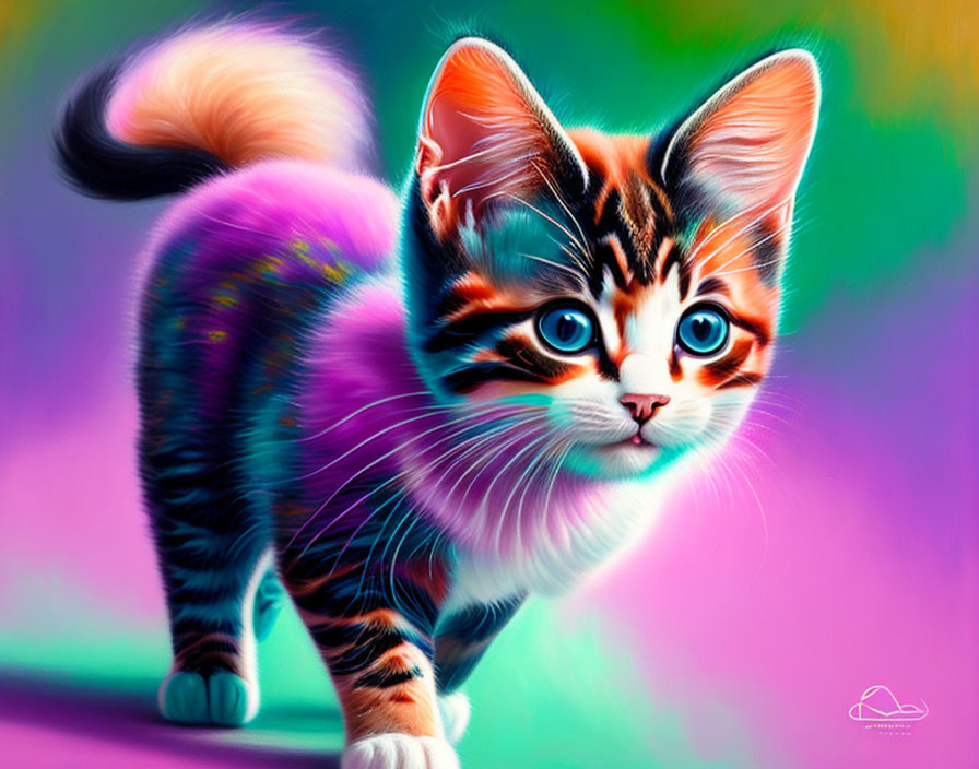 Colorful Illustration of Adorable Kitten with Blue Eyes and Stripes