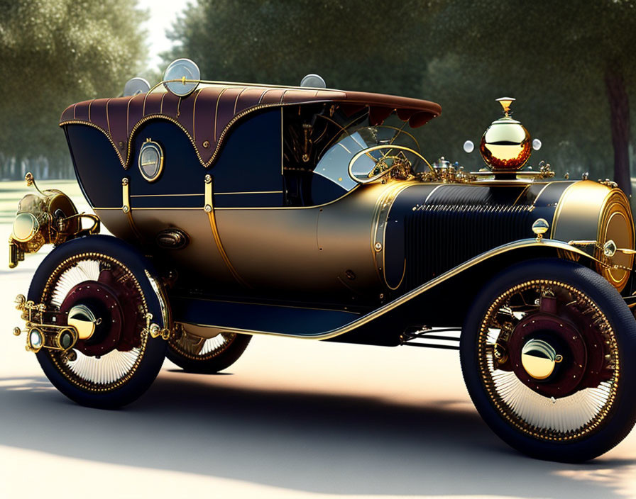 Classic Navy and Gold Vintage Car with Brass Accents and Intricate Wheel Spokes