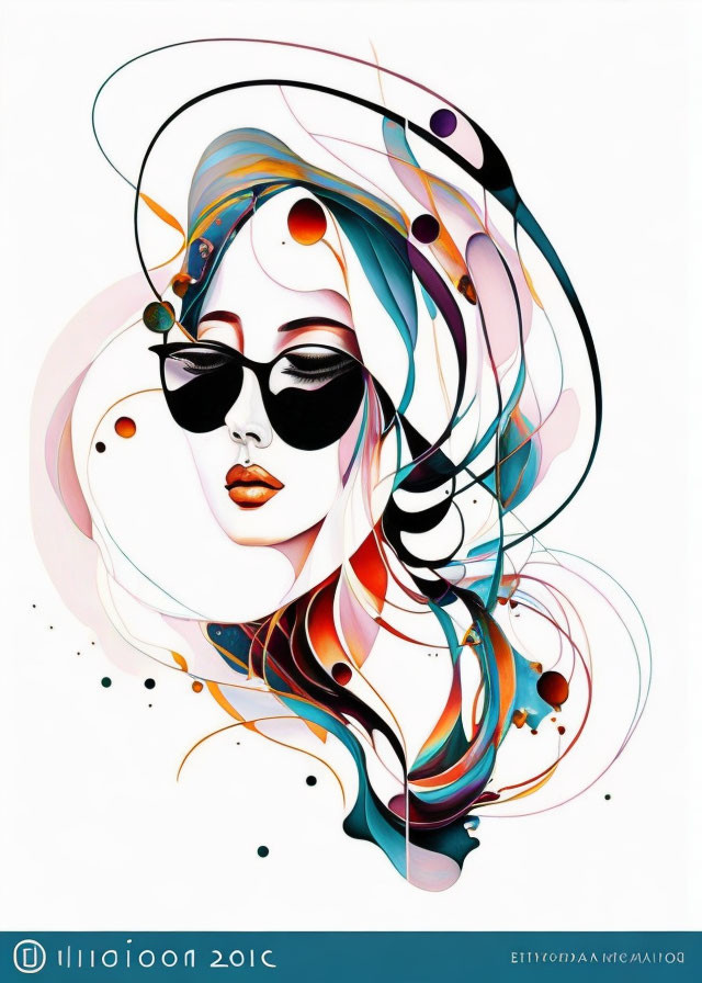 Colorful abstract illustration of woman with flowing hair and round sunglasses