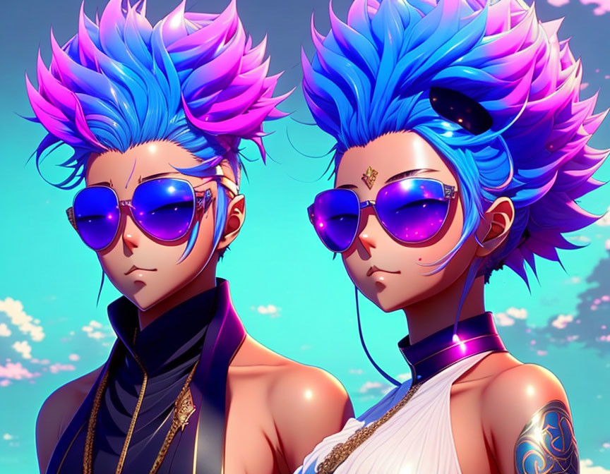 Stylized characters with vibrant blue hair and sunglasses in modern fashion against a sky-blue background