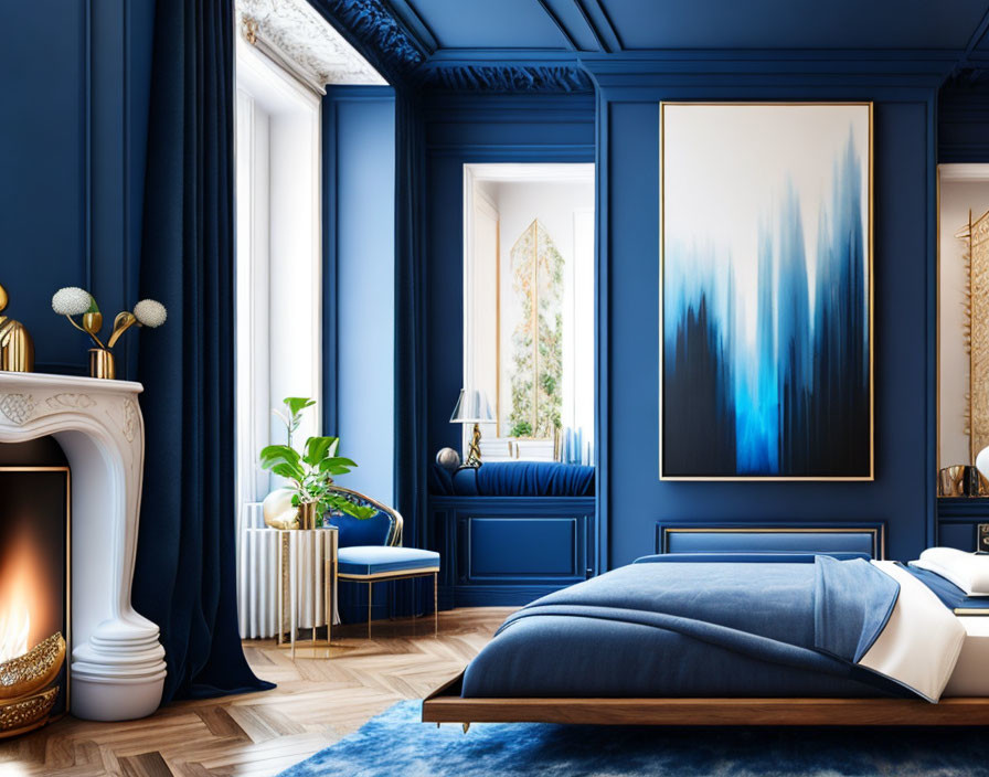 Luxurious Blue and Gold Theme Bedroom with Fireplace and Contemporary Art