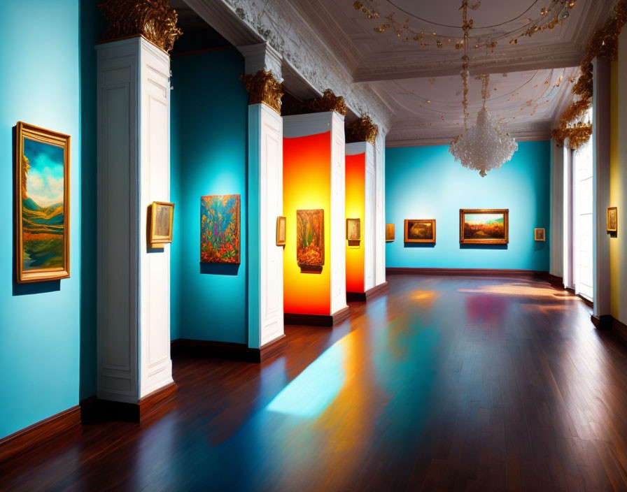 Interior of Art Gallery with Paintings, Ornate Ceiling, Chandelier, and Colorful Panels