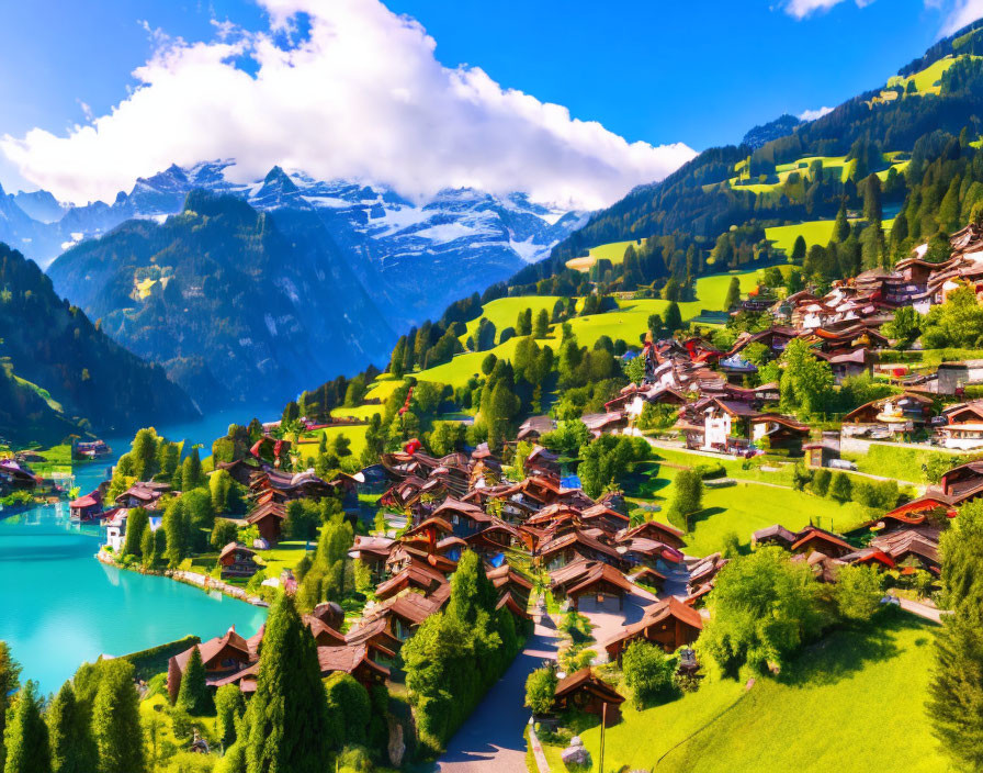 Scenic Swiss village with chalet houses, lake, and mountains