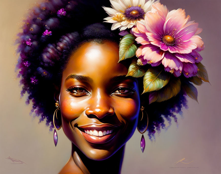 Smiling woman portrait with flowers and purple highlights