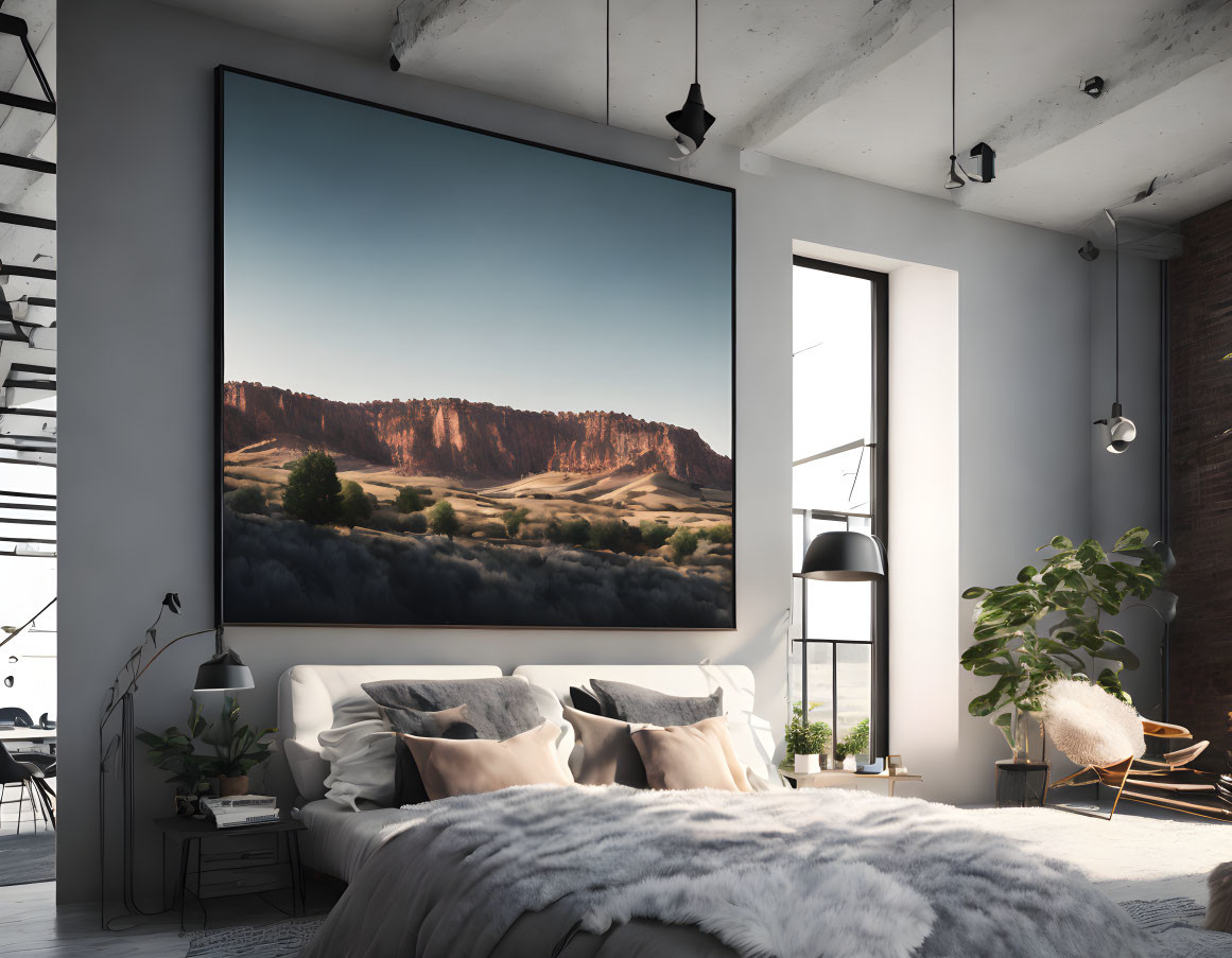 Spacious modern bedroom with large landscape painting, industrial ceiling, cozy bedding, plants, and reading no