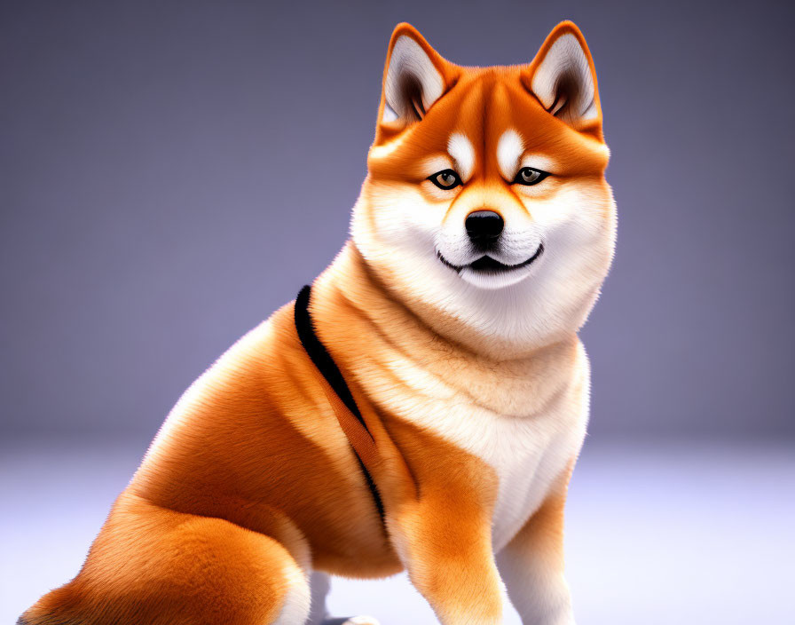 3D rendering of confident Shiba Inu with orange-brown coat & black harness