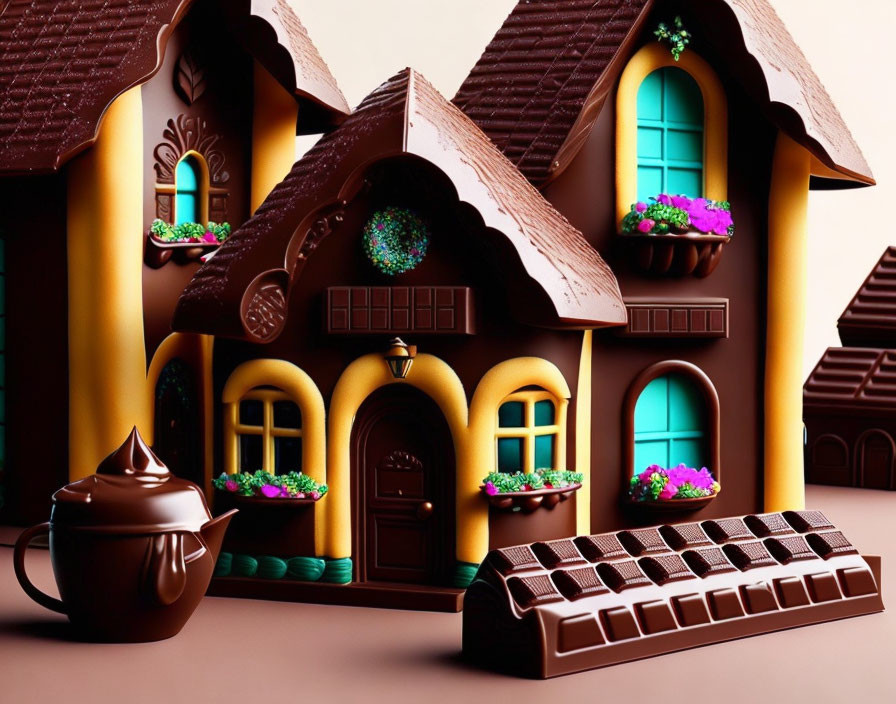 Chocolate-themed houses with floral window boxes and teapot on brown background