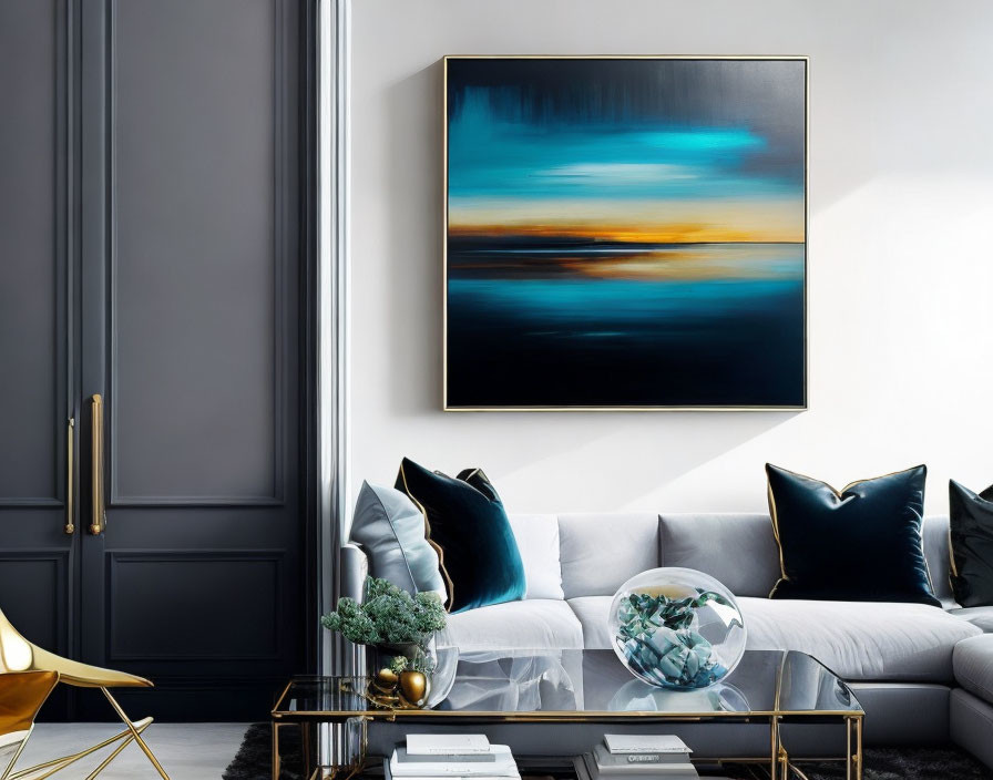 Sophisticated living room decor with gray sofa, blue and black cushions, abstract painting, and gold