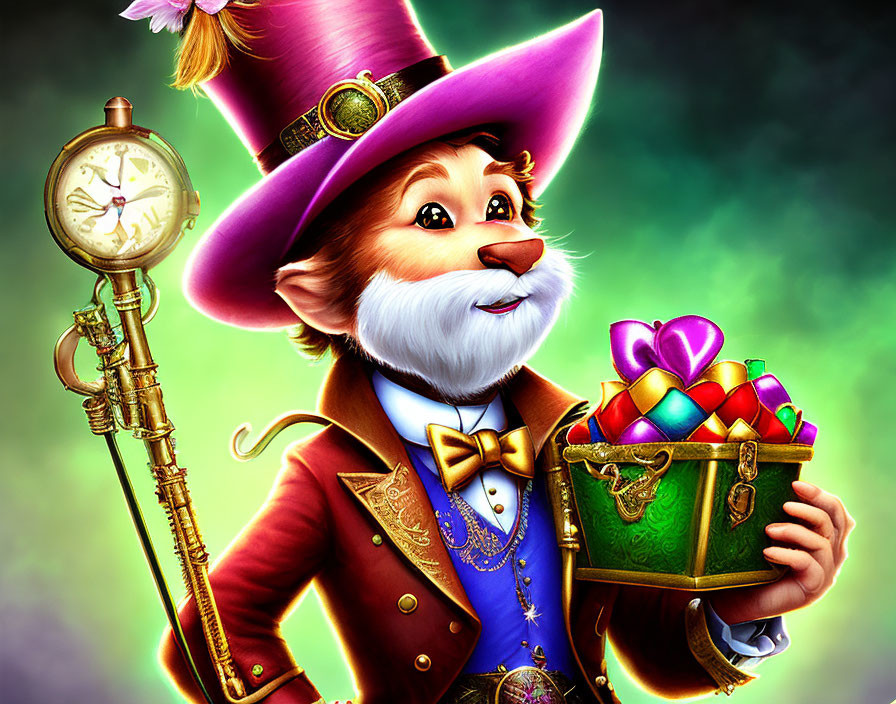 Anthropomorphic Fox in Purple Suit with Hearts and Vintage Clock