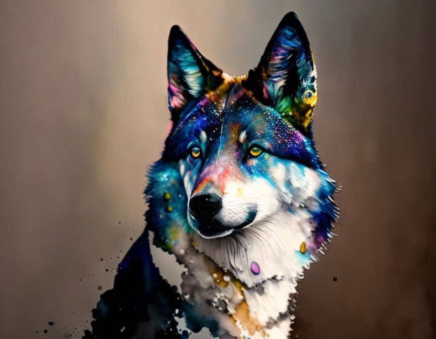 Colorful Paint-Splattered Wolf Artwork on Muted Background