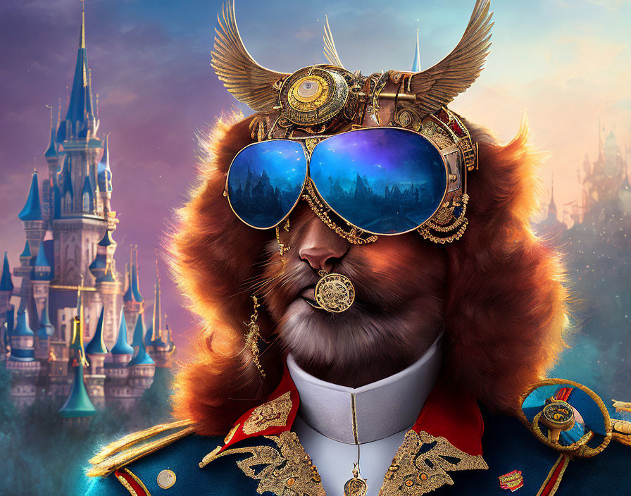 Steampunk-inspired lion in military uniform with golden goggles and fantasy castle backdrop