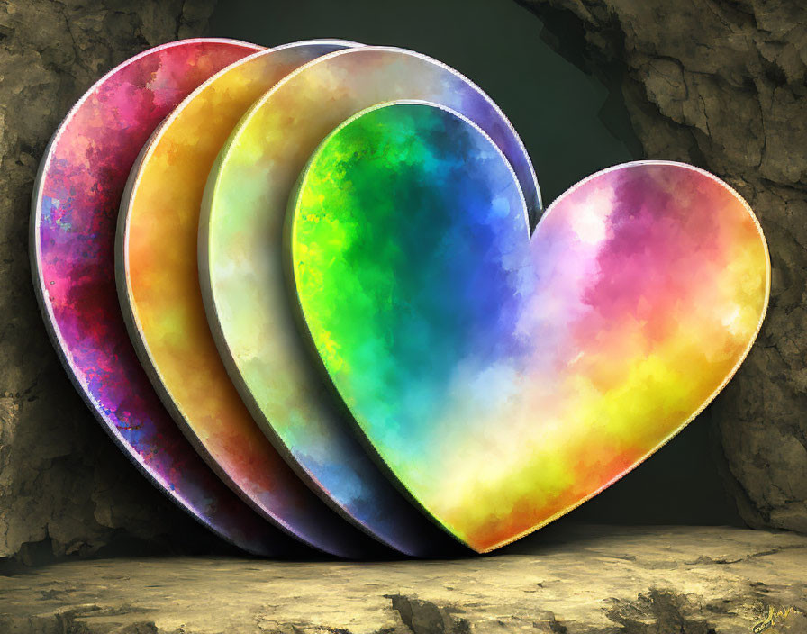 Colorful Overlapping Heart Icons on Dark Rocky Background