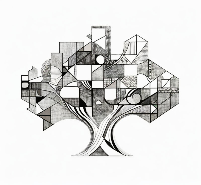 Geometric black and white tree illustration with abstract shapes.