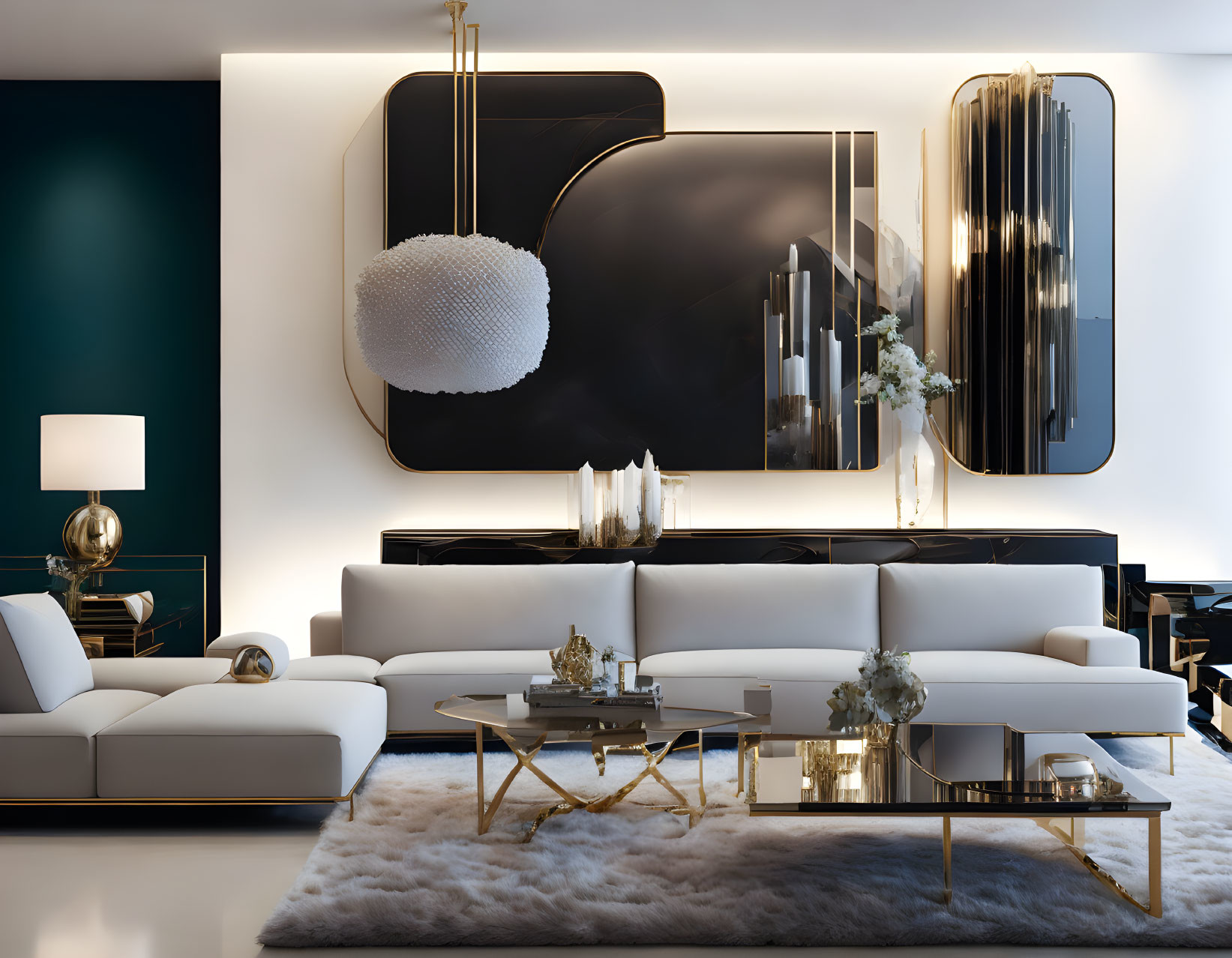 Stylish modern living room with white sofas, gold tables, artistic mirrors, plush rug, blue