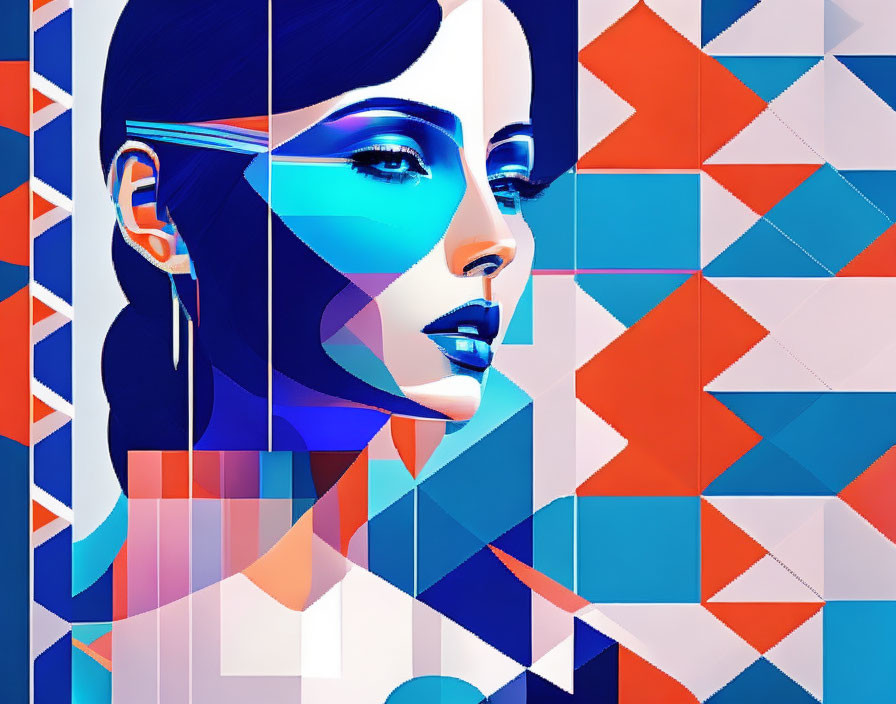 Colorful geometric digital portrait of a woman with bold blue tones