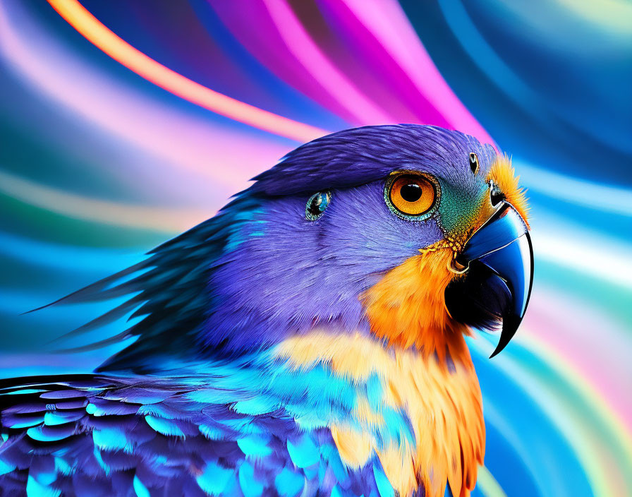 Colorful Parrot with Blue and Orange Feathers on Multicolored Background