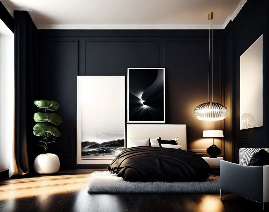 Contemporary Black-themed Bedroom with Artwork, Plant, and Ambient Lighting