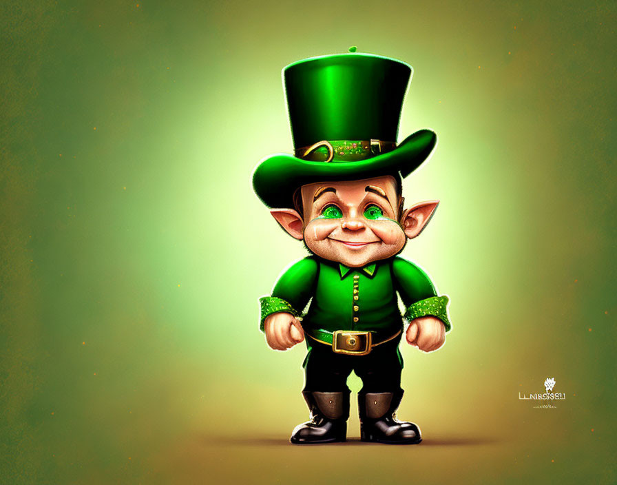 Cheerful stylized leprechaun with green top hat and outfit.