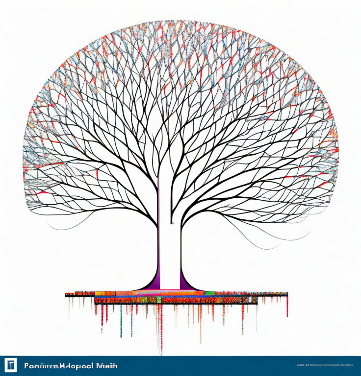 Detailed artistic illustration of a vibrant tree with intricate black branches and colorful thread-like patterns.