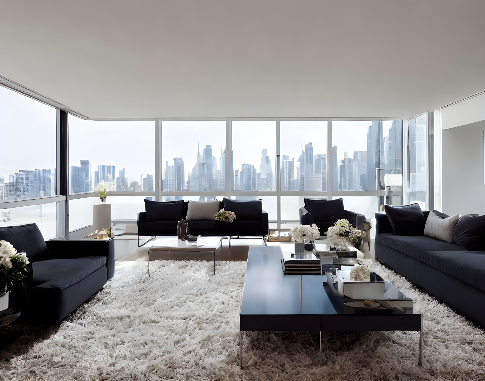 Contemporary Living Room with Plush Sofas and Panoramic City View