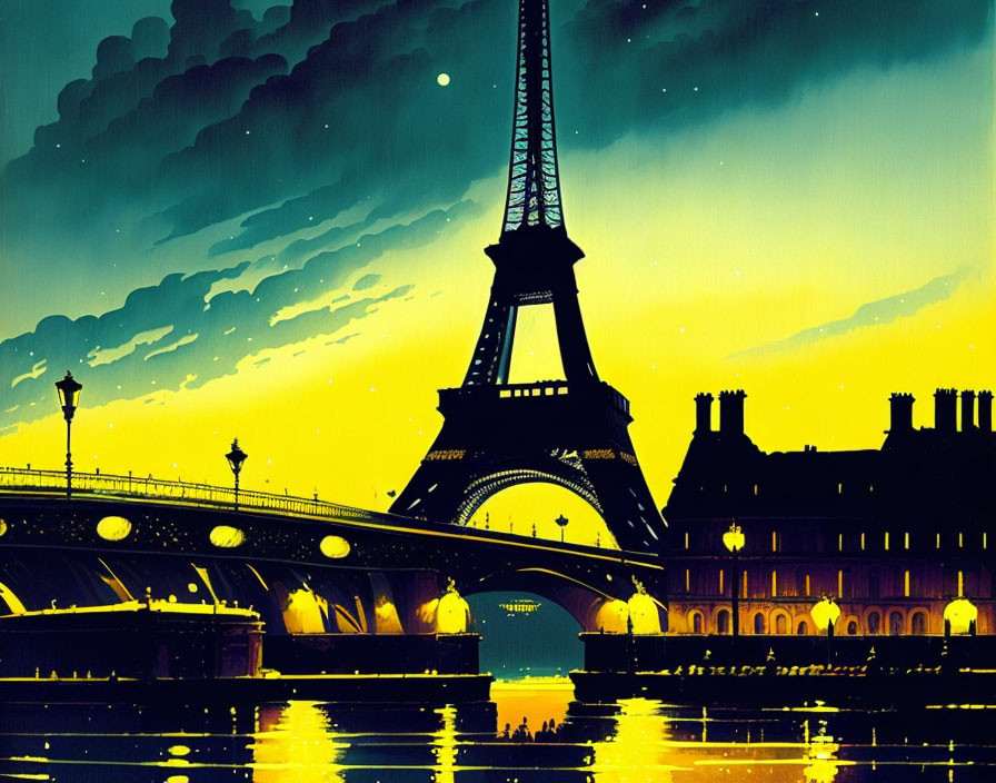 Eiffel Tower night illustration with golden glow over Seine River