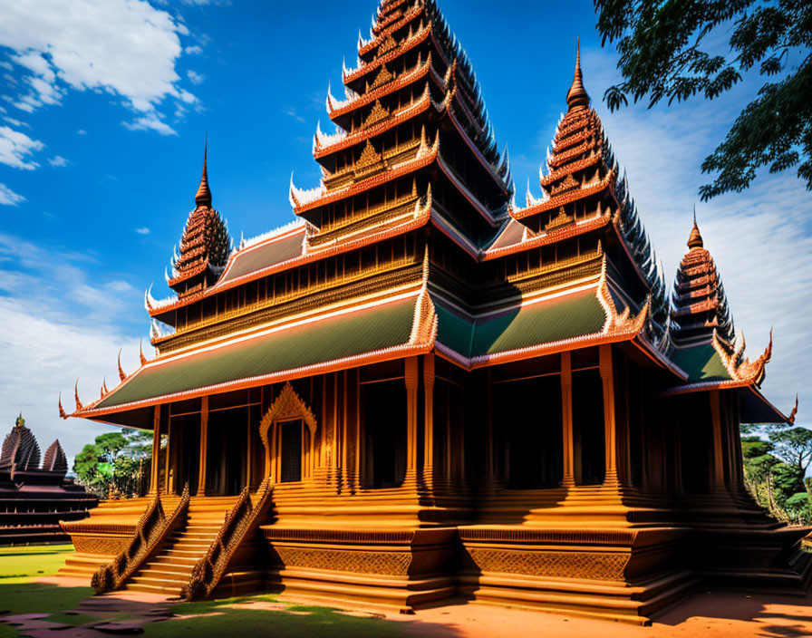 Traditional Thai-style wooden temple with multi-tiered roofs and ornate finials on blue sky and green