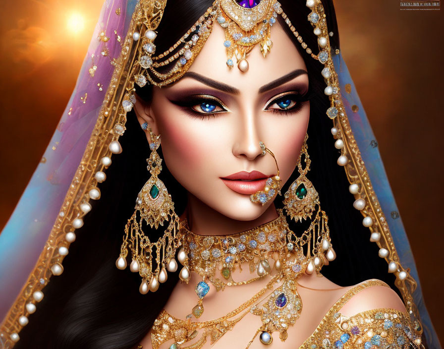 Colorful portrayal of woman in South Asian bridal attire & jewelry