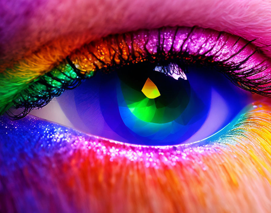 Close-Up of Eye with Rainbow-Colored Eyeshadow and Bright Blue Iris