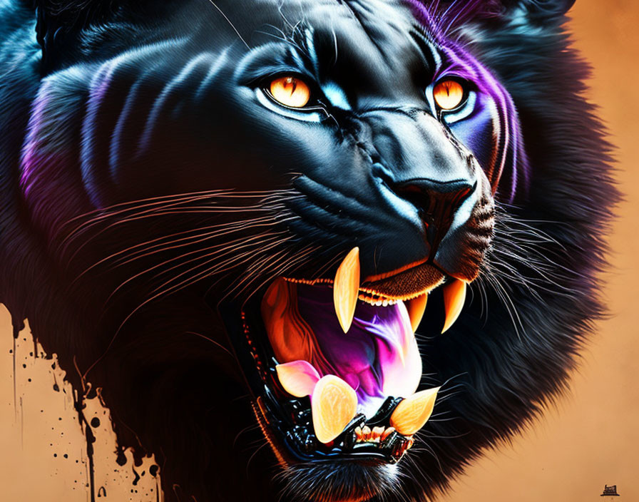 Fierce black panther with orange eyes and fangs on orange-purple background