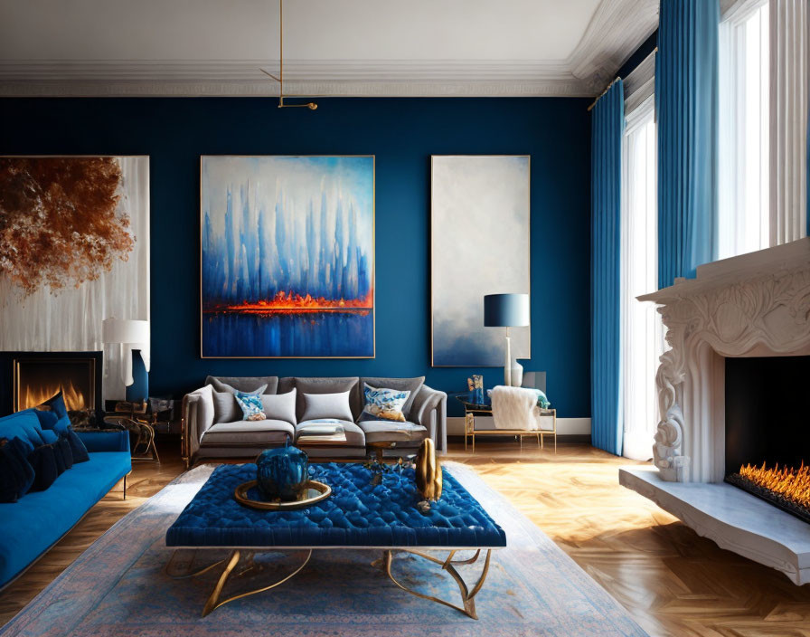 Sophisticated living room with deep blue walls, fireplace, abstract paintings, modern and classic furnishings