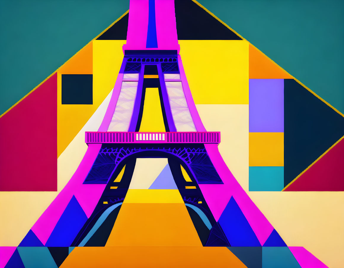 Vibrant geometric Eiffel Tower abstraction on teal background