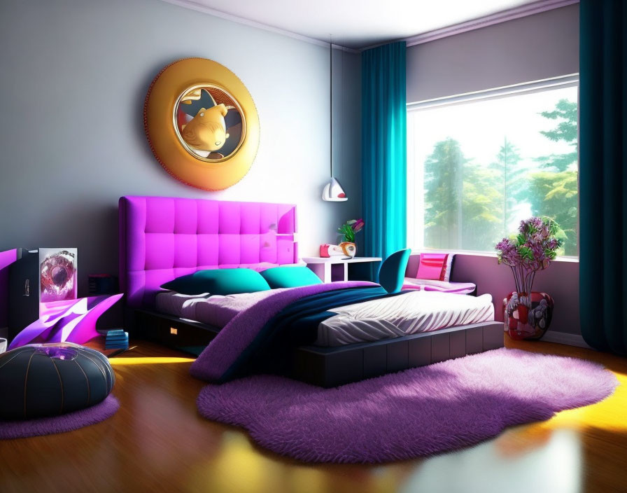 Colorful Purple-themed Bedroom with Large Windows, Modern Furniture, Animal Portrait, and Lush Outdoor View