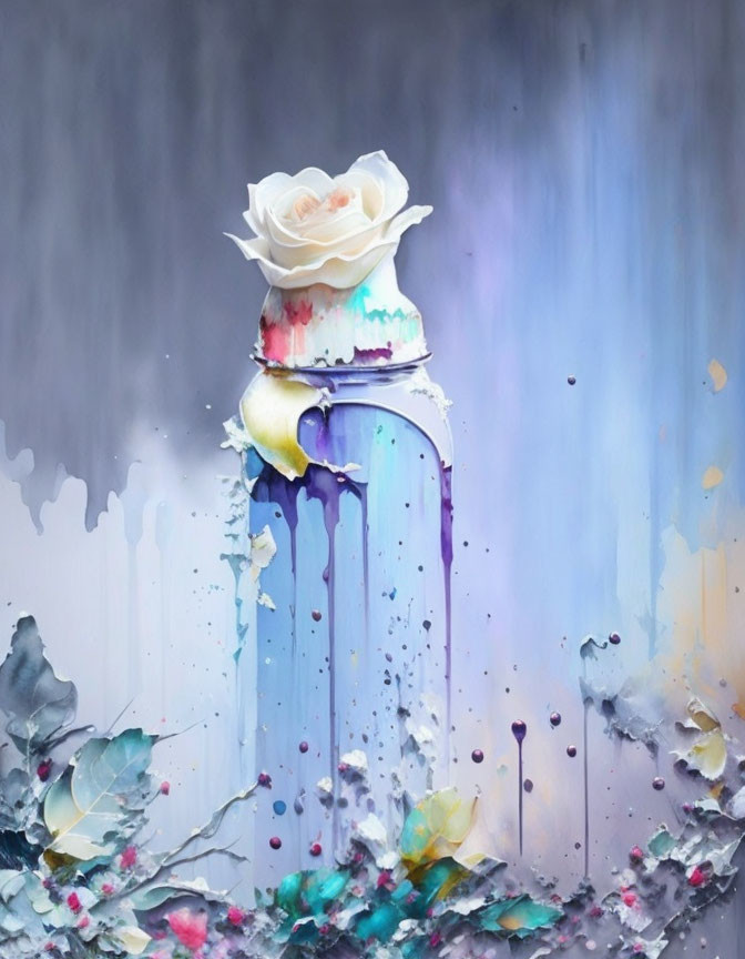 Abstract painting with white rose on melting paint tube and colorful splashes