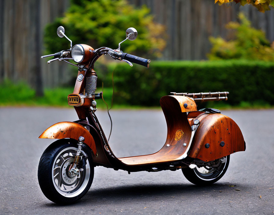 Curved Wooden Scooter with Chrome Accents on Paved Road