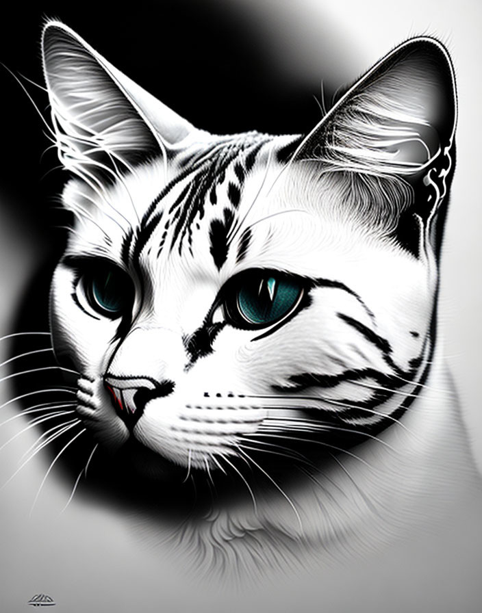 Monochromatic digital artwork: Cat with turquoise eyes, bold fur patterns, intricate shading