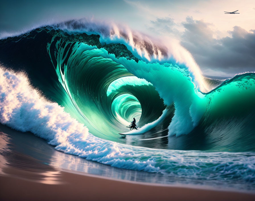 Surfer riding massive ocean wave with airplane in sky