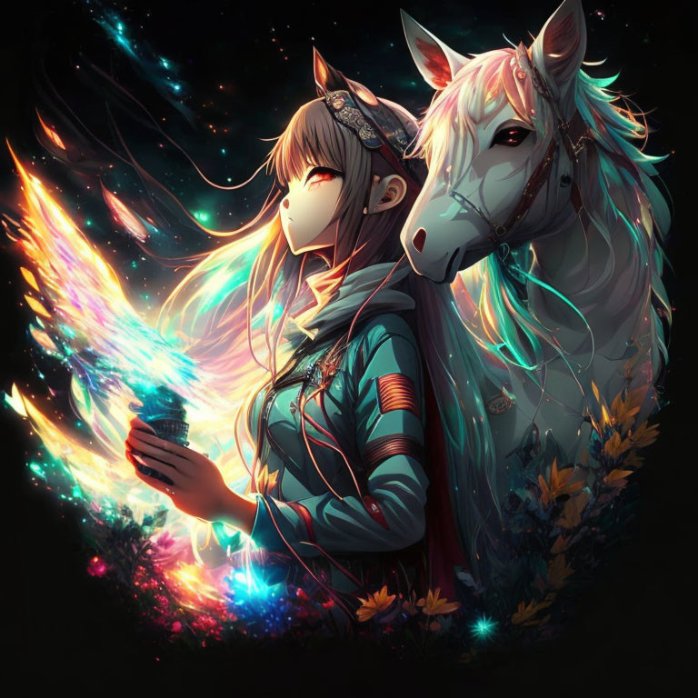 Mystical girl with elfin ears and horse in enchanting scene